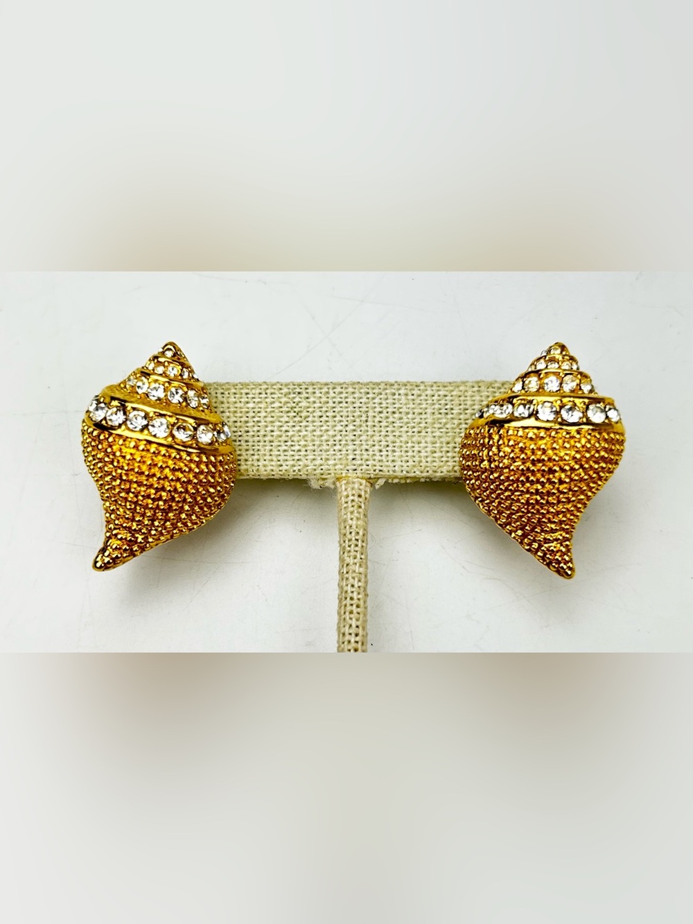 Vintage KJL Kenneth Jay Lane Gold Tone Rhinestone Shell Earrings